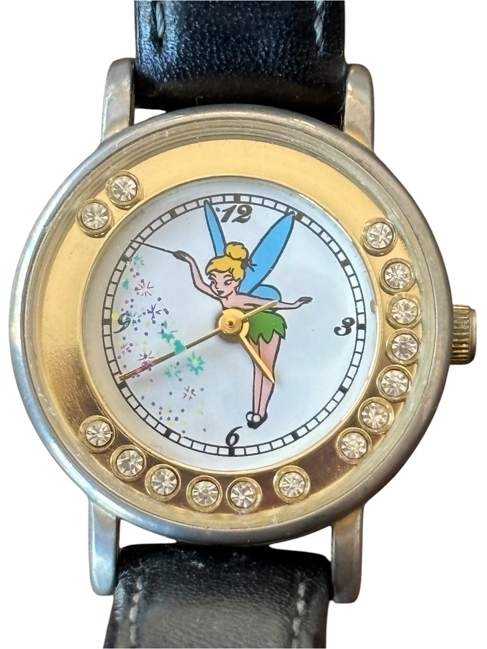 Vintage Disney Time Works Tinker Bell Rhinestone Accent Watch